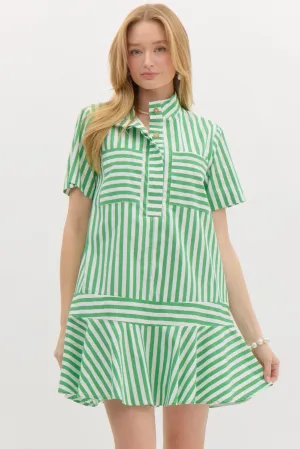 Striped Half Placket Swing Dress {Green}
