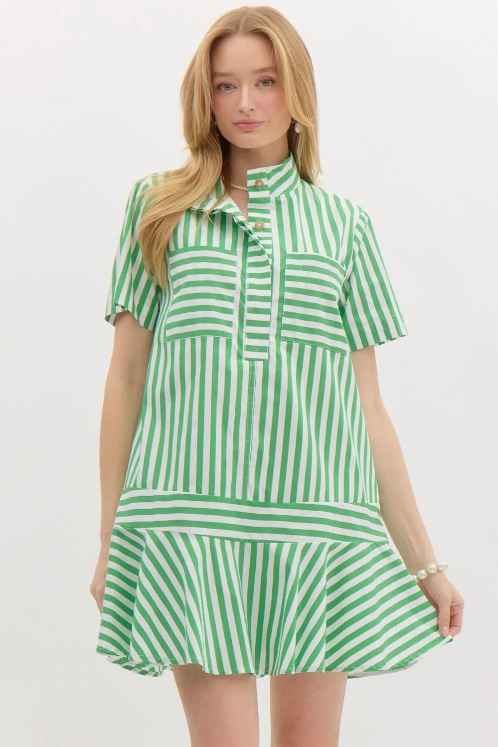 Striped Half Placket Swing Dress {Green}
