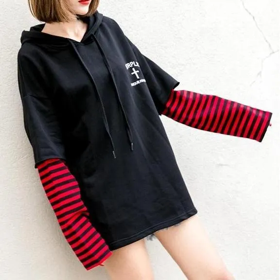 Striped Patchwork Sleeve Hoodie