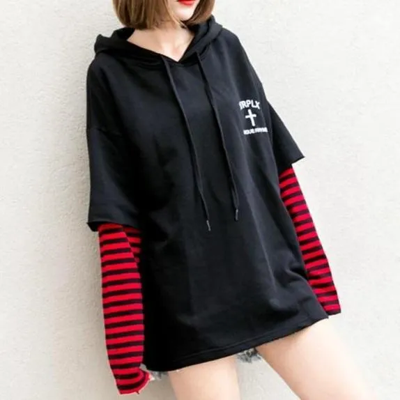 Striped Patchwork Sleeve Hoodie