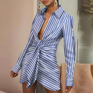 Striped Pattern V-Neck Long Sleeve Shirt Dress
