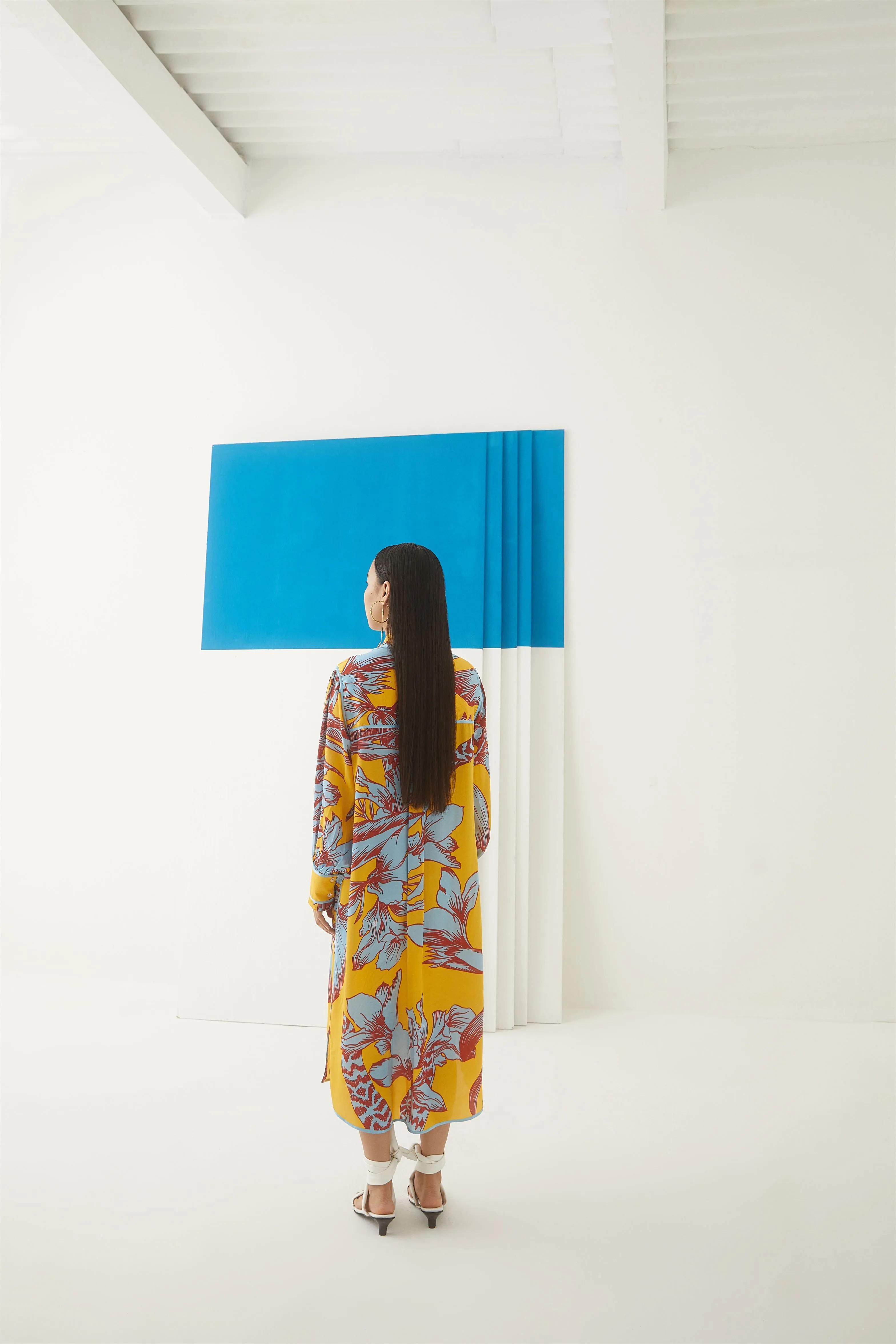 Studio Rigu Petrogradskiy Aphrodite Shirt Dress Light Blue Piping/ Cuff With Frills Vegan Silk Arcadia Collection