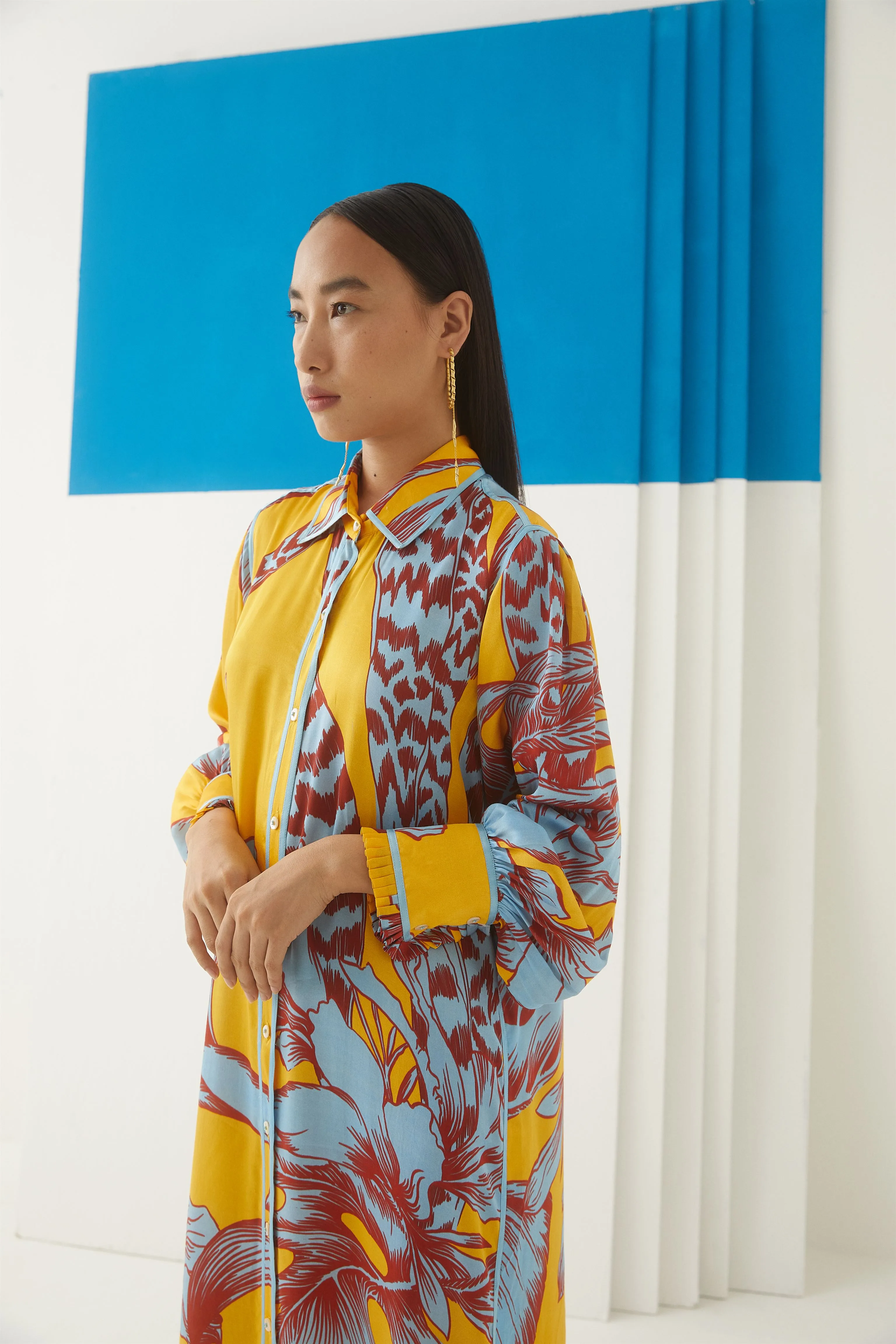 Studio Rigu Petrogradskiy Aphrodite Shirt Dress Light Blue Piping/ Cuff With Frills Vegan Silk Arcadia Collection