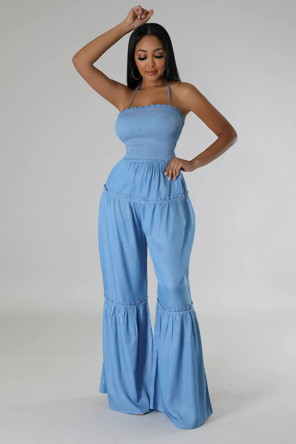 Summer Clearance!  Dreamy Blue Denim Wide Leg Halter Jumper