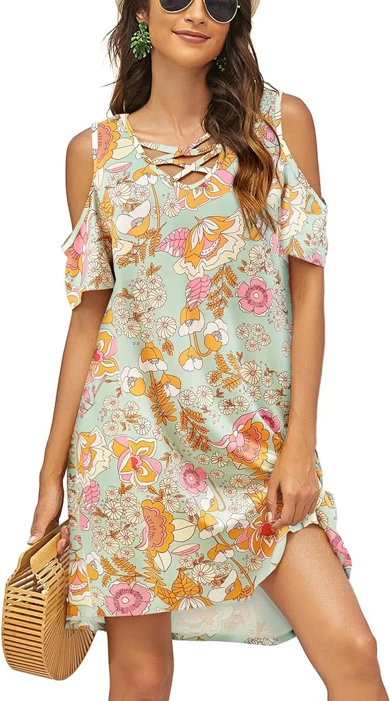 Summer Cold Shoulder Cross Neckline Short Sleeve Casual Tunic Top Dress (S-3XL)