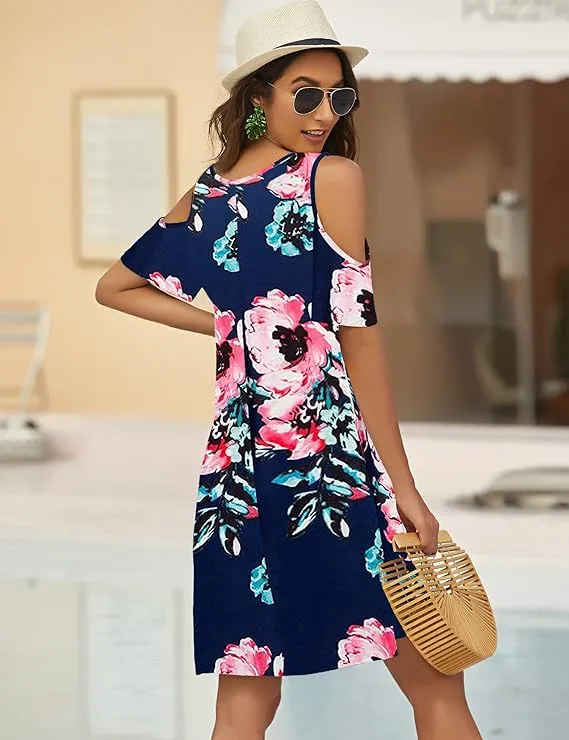 Summer Cold Shoulder Cross Neckline Short Sleeve Casual Tunic Top Dress (S-3XL)