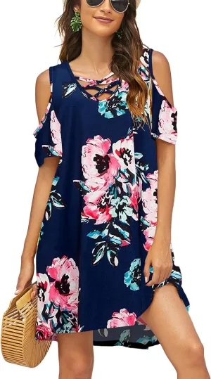 Summer Cold Shoulder Cross Neckline Short Sleeve Casual Tunic Top Dress (S-3XL)