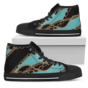 Teal Gold Chains Designer High Top Sneaker Custom Shoes with Black Soles Custom Shoes
