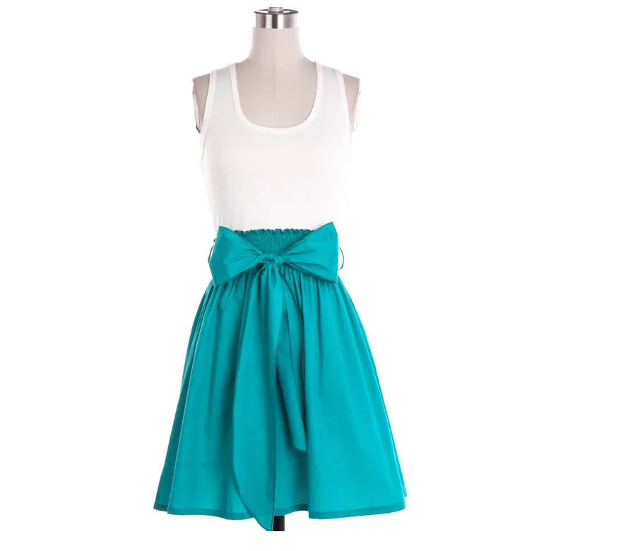 Teal Striped Flare Short Dress with Bow Tie
