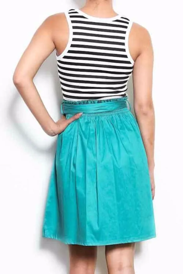 Teal Striped Flare Short Dress with Bow Tie
