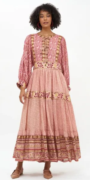 Tie Front Balloon Sleeve Maxi in Buta Rose