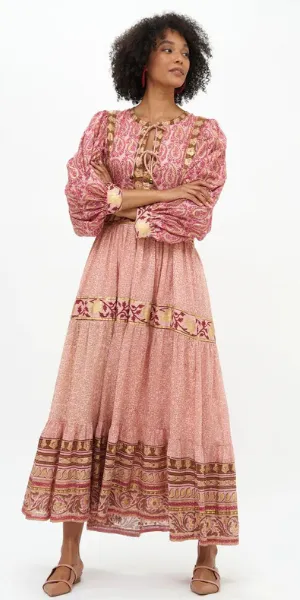 Tie Front Balloon Sleeve Maxi in Buta Rose