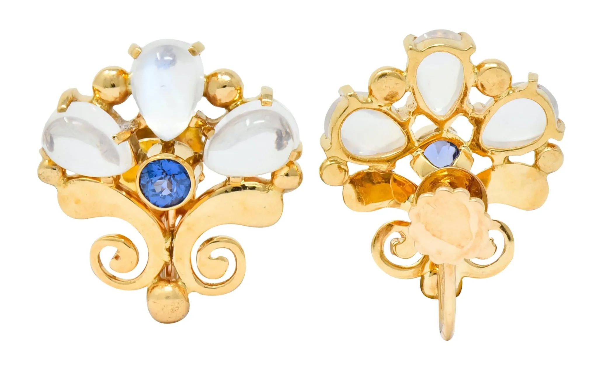 Tiffany & Co. Retro Moonstone Sapphire 14 Karat Gold Screwback Earrings
