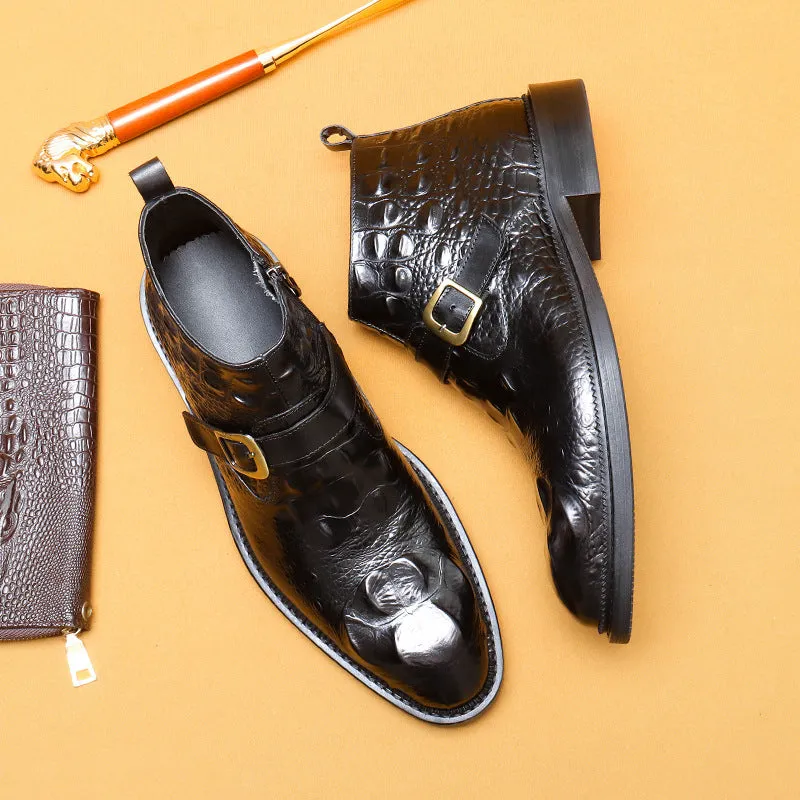 Top Layer Cowhide Men's Leather Shoes Martin Boots Men's Genuine Leather Crocodile Pattern Trendy Business Formal Wear British Pointed Zipper High-Top Shoes89615
