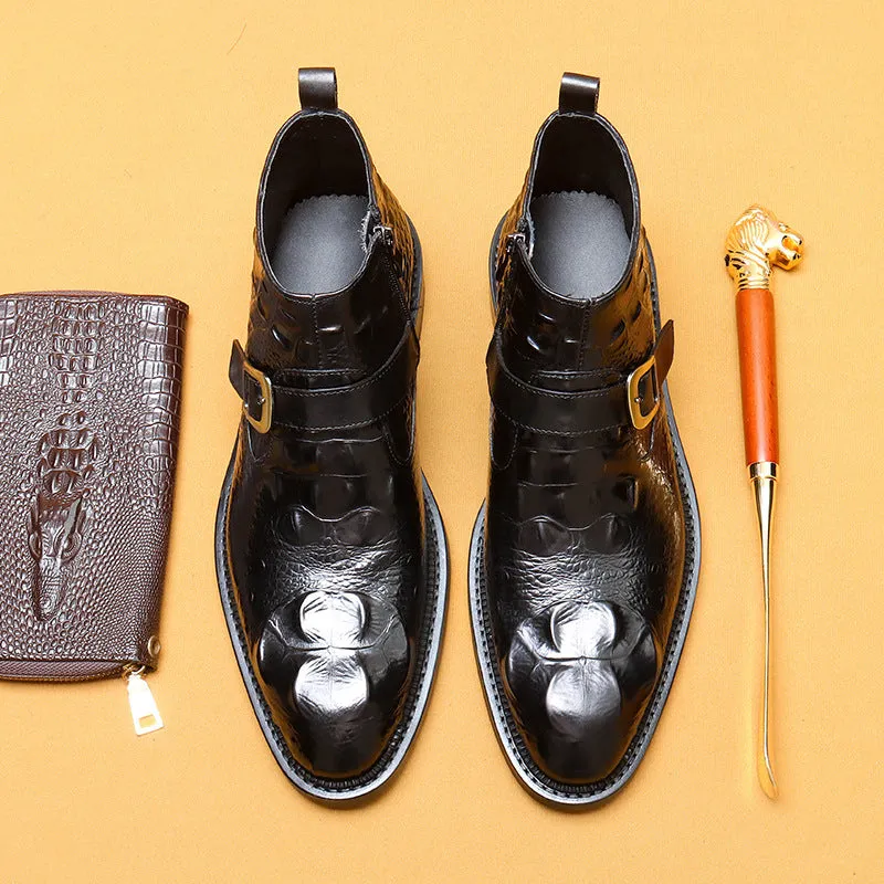 Top Layer Cowhide Men's Leather Shoes Martin Boots Men's Genuine Leather Crocodile Pattern Trendy Business Formal Wear British Pointed Zipper High-Top Shoes89615