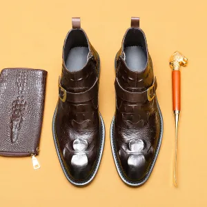 Top Layer Cowhide Men's Leather Shoes Martin Boots Men's Genuine Leather Crocodile Pattern Trendy Business Formal Wear British Pointed Zipper High-Top Shoes89615
