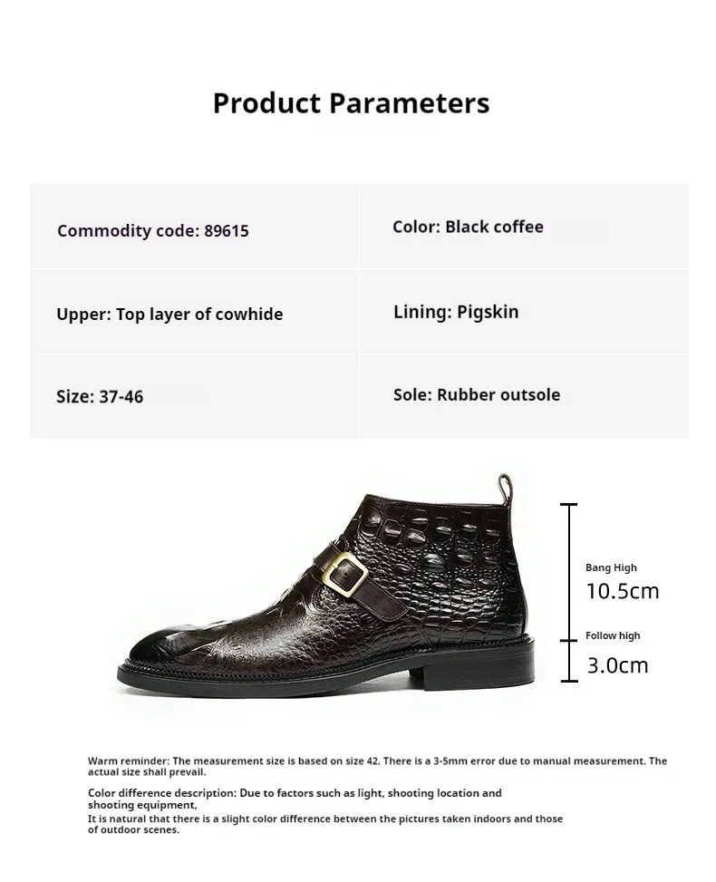 Top Layer Cowhide Men's Leather Shoes Martin Boots Men's Genuine Leather Crocodile Pattern Trendy Business Formal Wear British Pointed Zipper High-Top Shoes89615