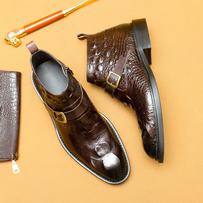 Top Layer Cowhide Men's Leather Shoes Martin Boots Men's Genuine Leather Crocodile Pattern Trendy Business Formal Wear British Pointed Zipper High-Top Shoes89615