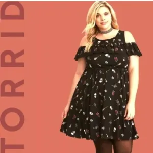 Torrid Challis Dress Woman Plus 1X Ruffled Cold Shoulder Skull Floral Black NWT