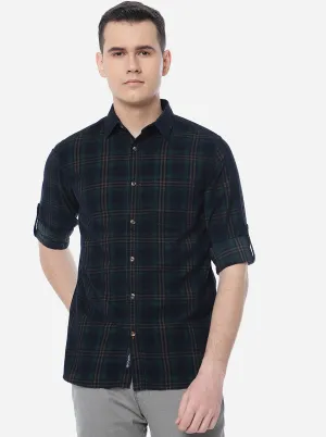 Turquoise Blue Checked Slim Fit Semi Casual Shirt | JadeBlue