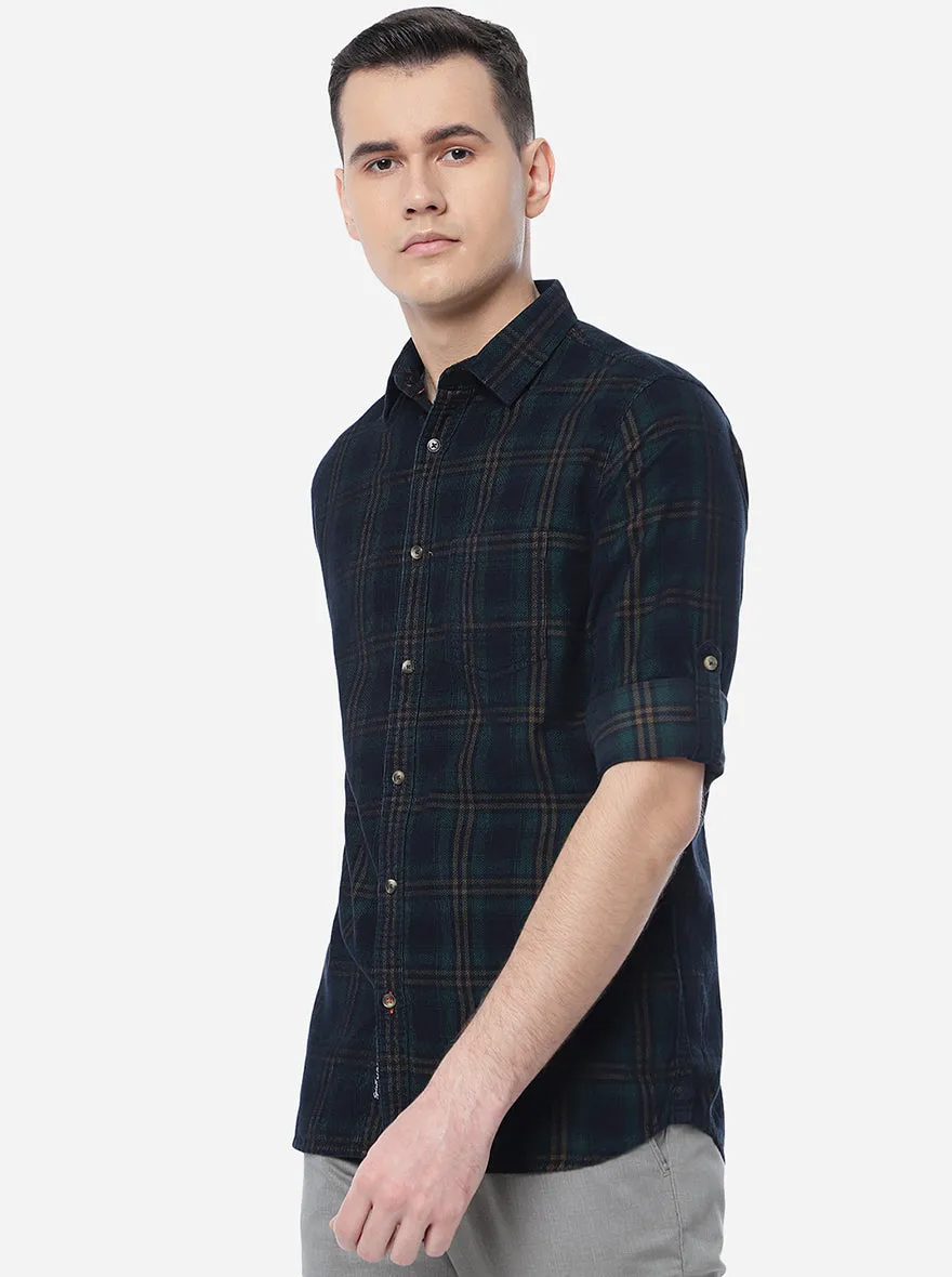 Turquoise Blue Checked Slim Fit Semi Casual Shirt | JadeBlue