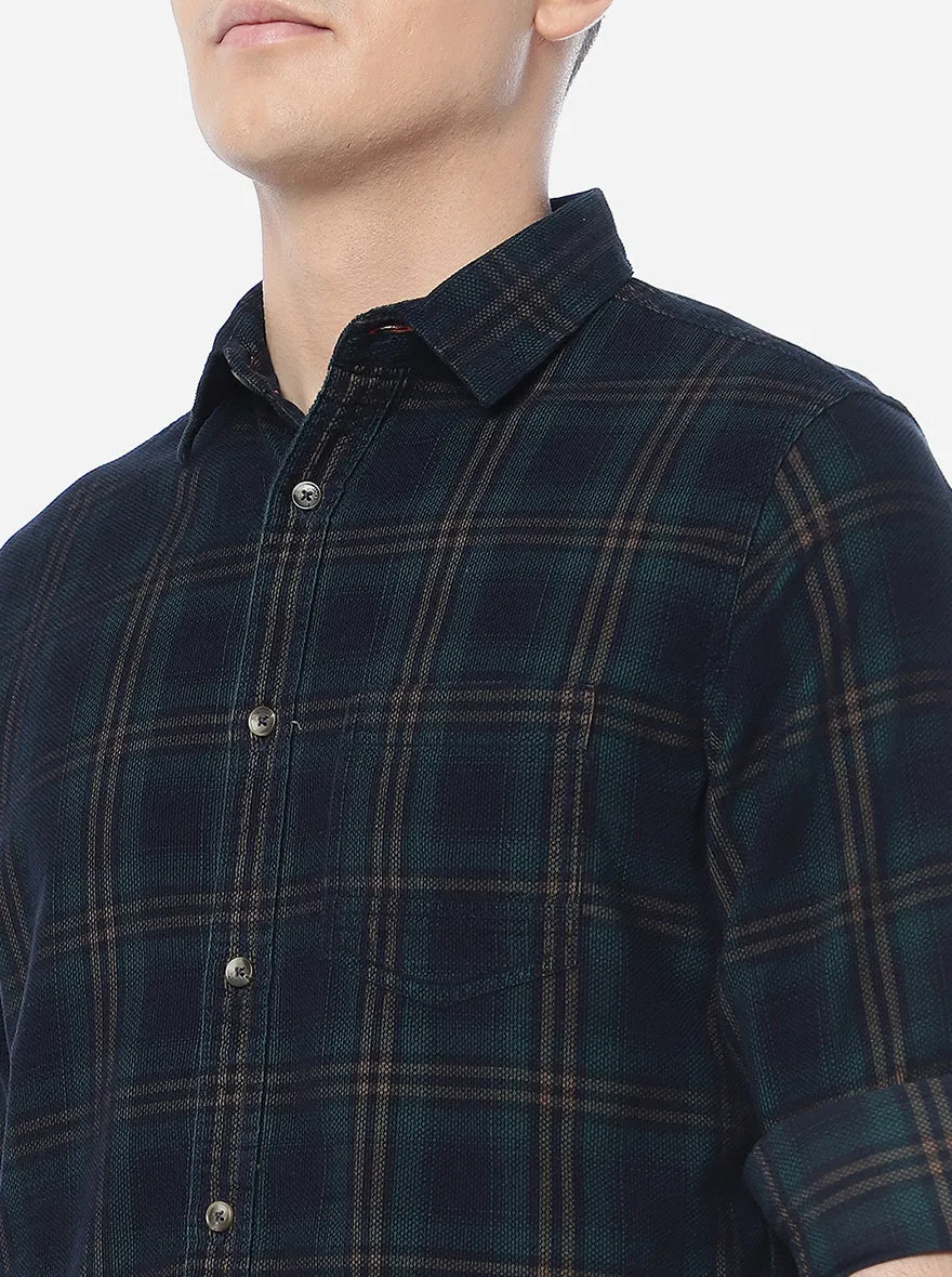 Turquoise Blue Checked Slim Fit Semi Casual Shirt | JadeBlue