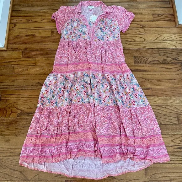 Umgee Pink Floral Paisley Pattern Long Collared Maxi Dress Women’s Small NEW