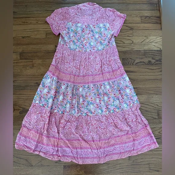 Umgee Pink Floral Paisley Pattern Long Collared Maxi Dress Women’s Small NEW