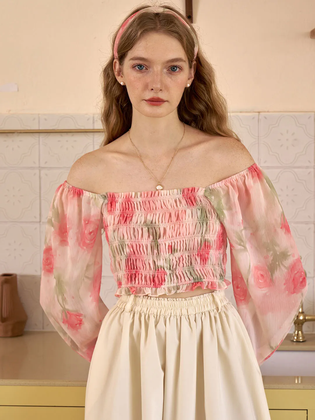 Vada Floral Print Off Shoulder Lantern Sleeve Blouse