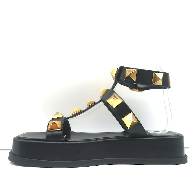 Valentino Roman Stud Ankle Strap Platform Sandals Black Leather Size 39.5 NEW