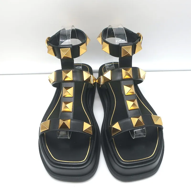 Valentino Roman Stud Ankle Strap Platform Sandals Black Leather Size 39.5 NEW