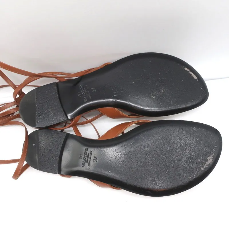 Valentino Roman Stud Ankle Wrap Flat Sandals Brown Leather Size 37