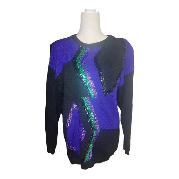Vintage 80s Sequin Sweater | Bold Geometric Design | Statement Piece Mardi Gras