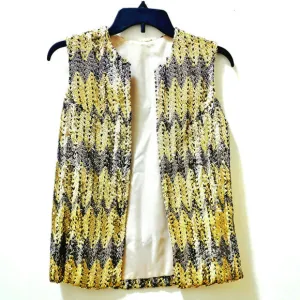 VINTAGE Gold Sequin Vest Sz Small | 70s Retro Disco Glam Party | Handmade, EUC