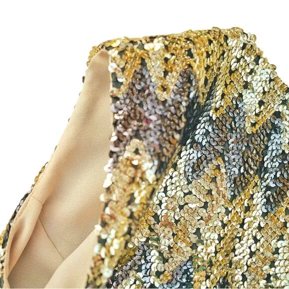VINTAGE Gold Sequin Vest Sz Small | 70s Retro Disco Glam Party | Handmade, EUC