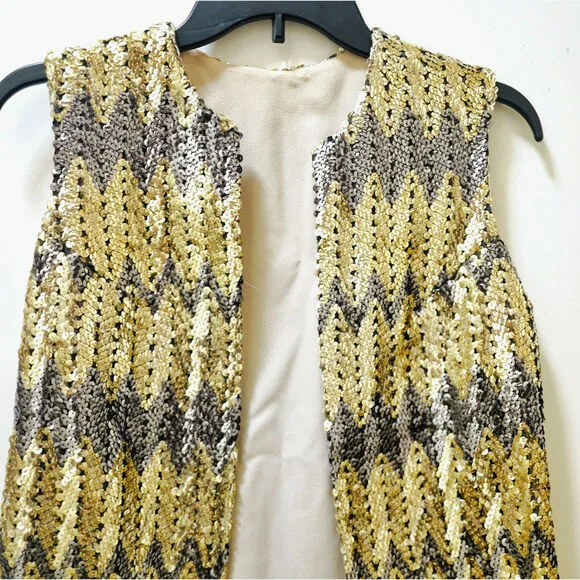 VINTAGE Gold Sequin Vest Sz Small | 70s Retro Disco Glam Party | Handmade, EUC