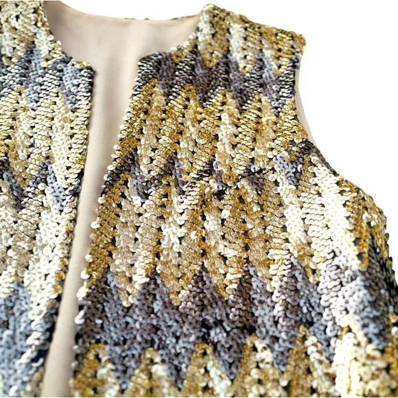VINTAGE Gold Sequin Vest Sz Small | 70s Retro Disco Glam Party | Handmade, EUC