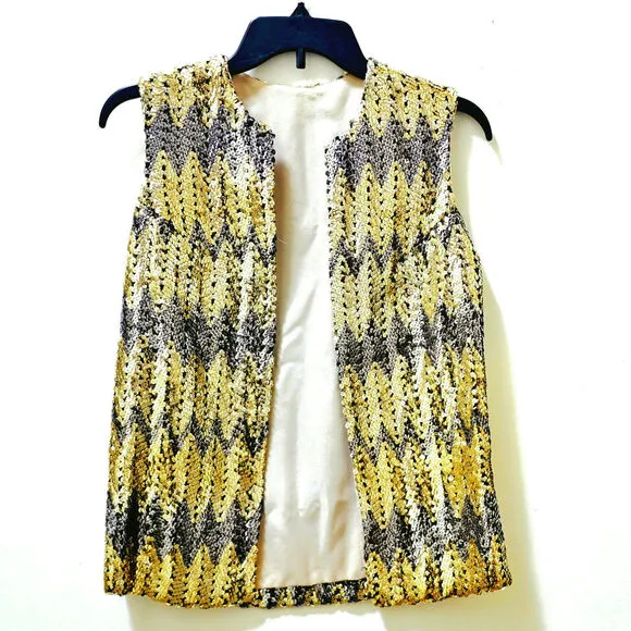 VINTAGE Gold Sequin Vest Sz Small | 70s Retro Disco Glam Party | Handmade, EUC