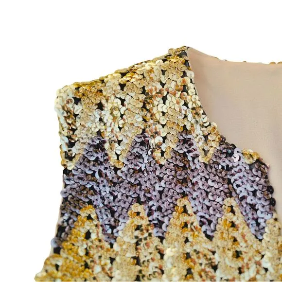 VINTAGE Gold Sequin Vest Sz Small | 70s Retro Disco Glam Party | Handmade, EUC