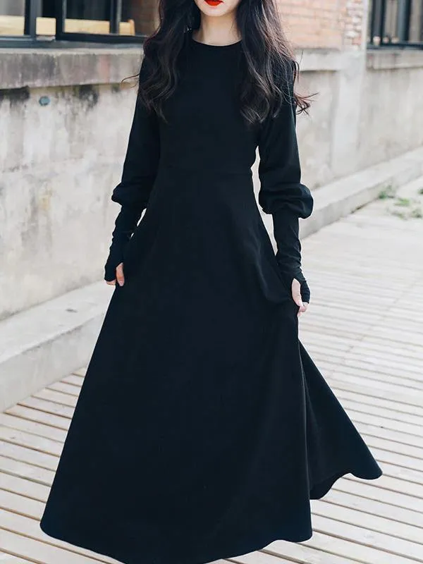 Vintage Solid Long Sleeve Dress