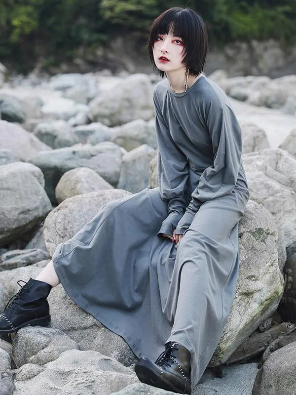 Vintage Solid Long Sleeve Dress