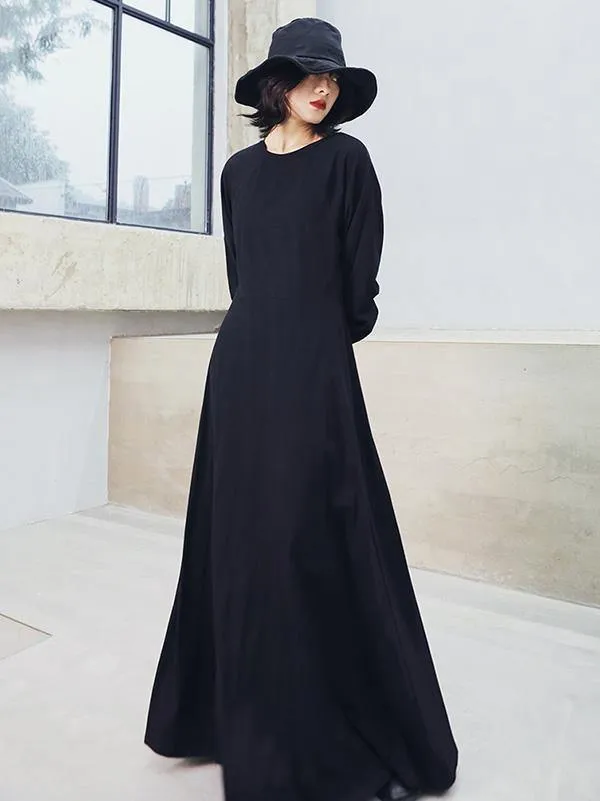 Vintage Solid Long Sleeve Dress