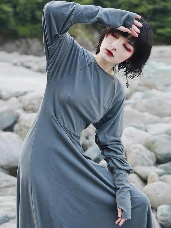 Vintage Solid Long Sleeve Dress