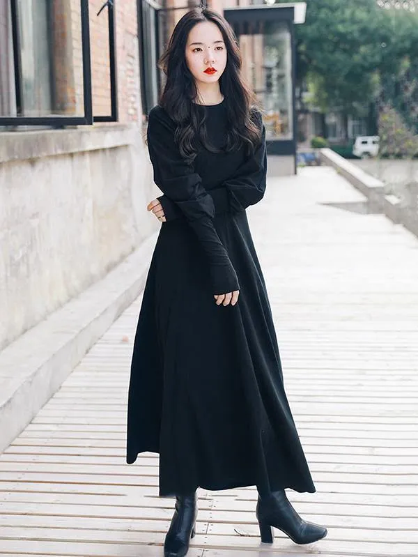 Vintage Solid Long Sleeve Dress