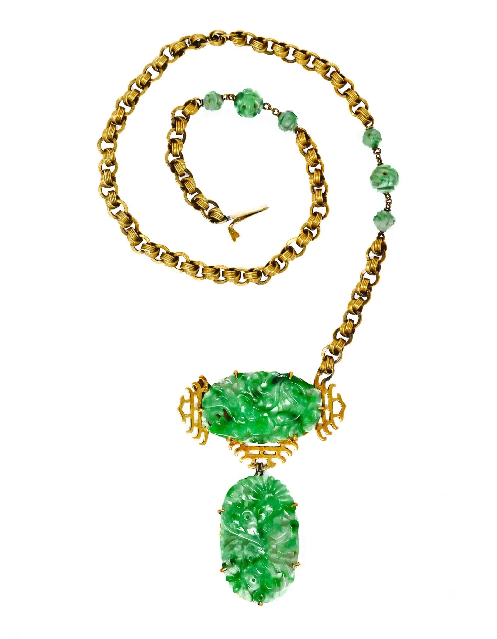 Walter Lampl Retro Jade 14 Karat Yellow Gold Drop Necklace