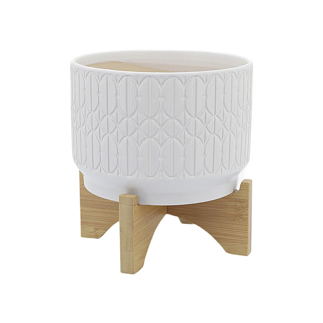WHITE DECO EMBOSSED PLANTER & STAND