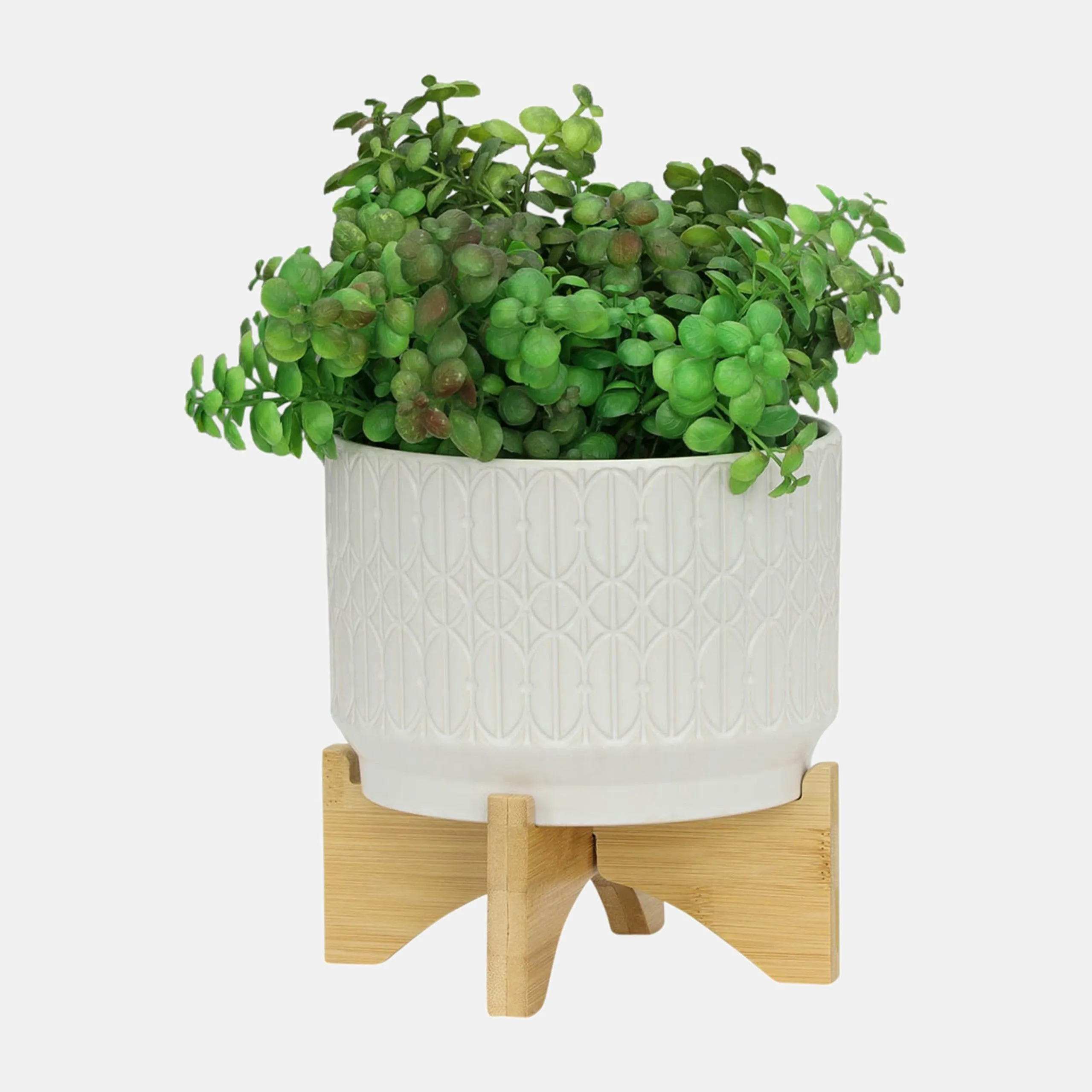 WHITE DECO EMBOSSED PLANTER & STAND