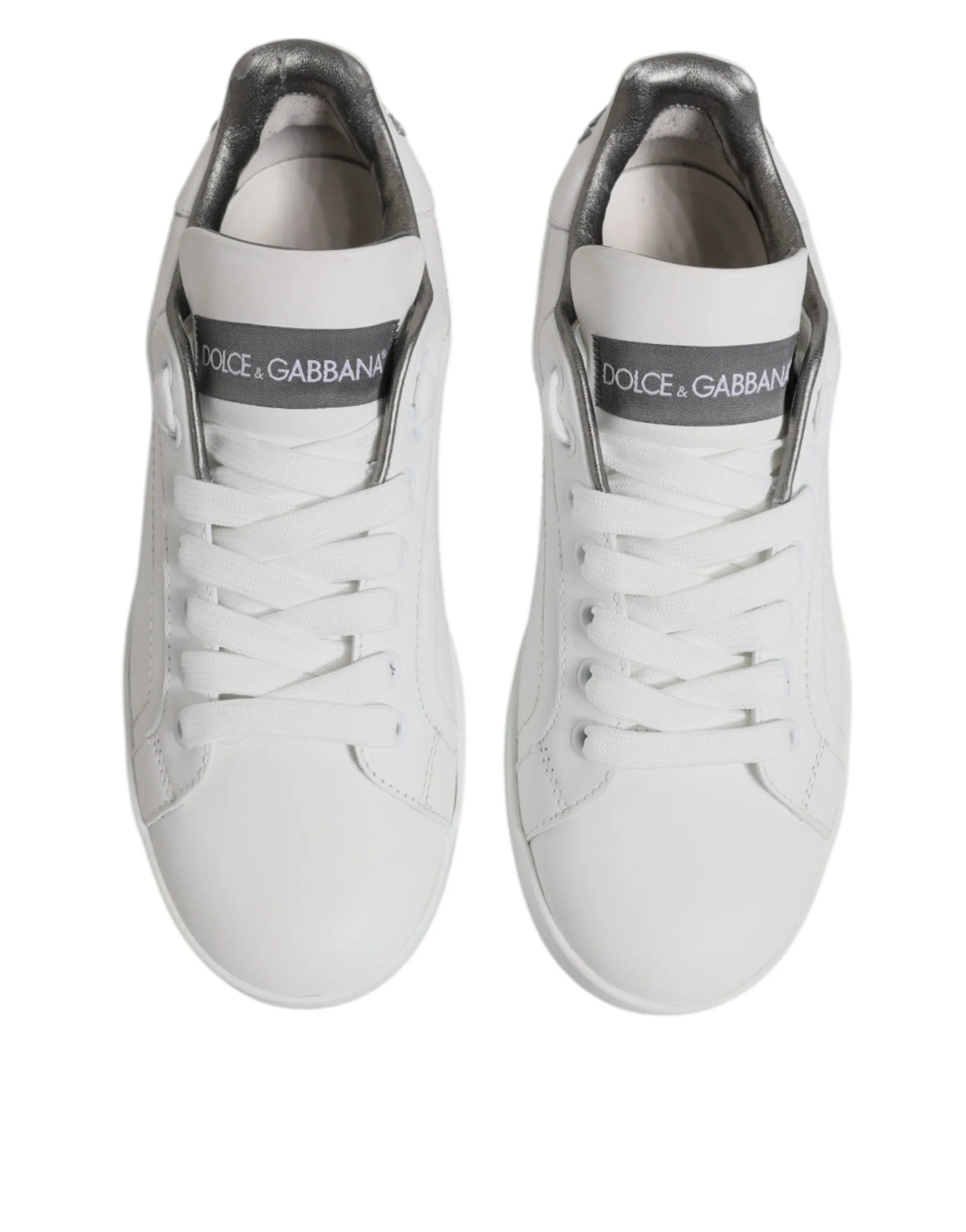 White Gray Leather Low Top Sneakers Shoes