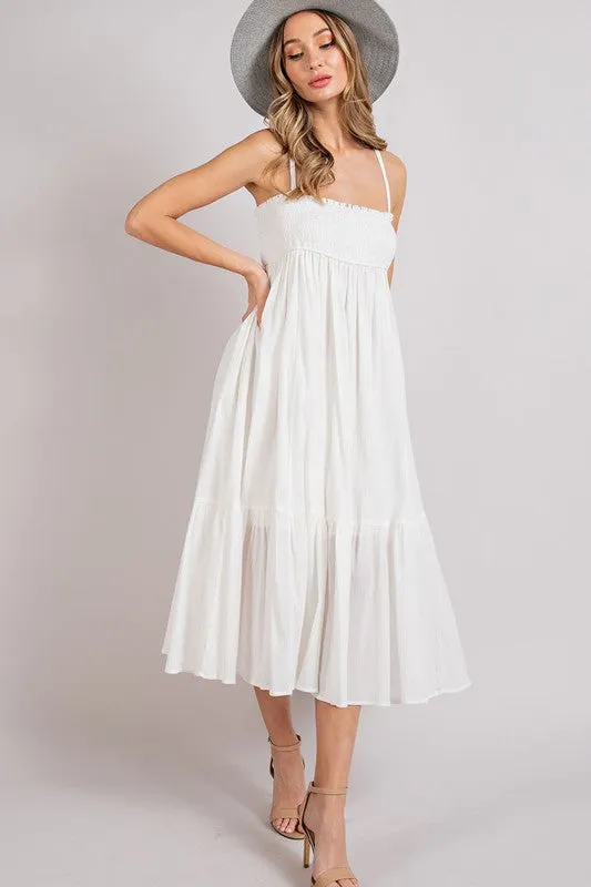 White Smocked Tiered Midi Dress