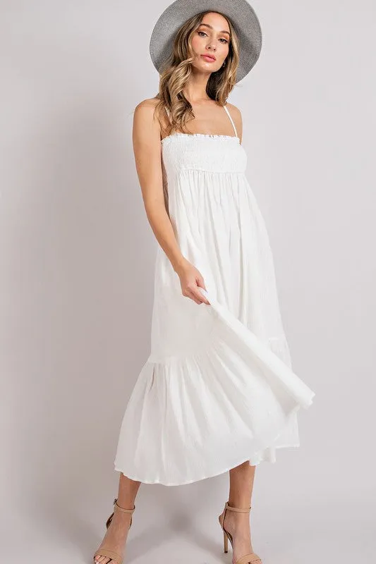 White Smocked Tiered Midi Dress
